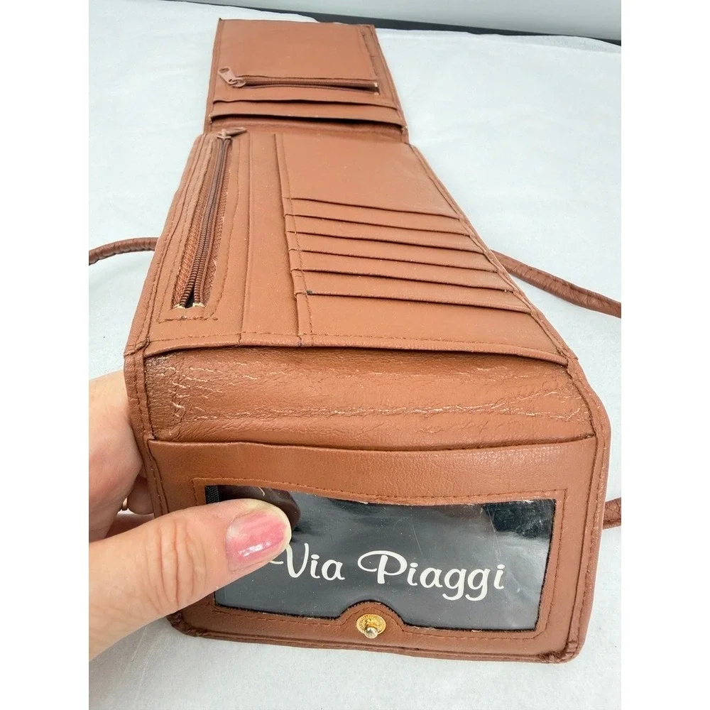 Via Piaggi Crossbody Wallet Phone Bag Leather Cognac Brown Vintage Travel